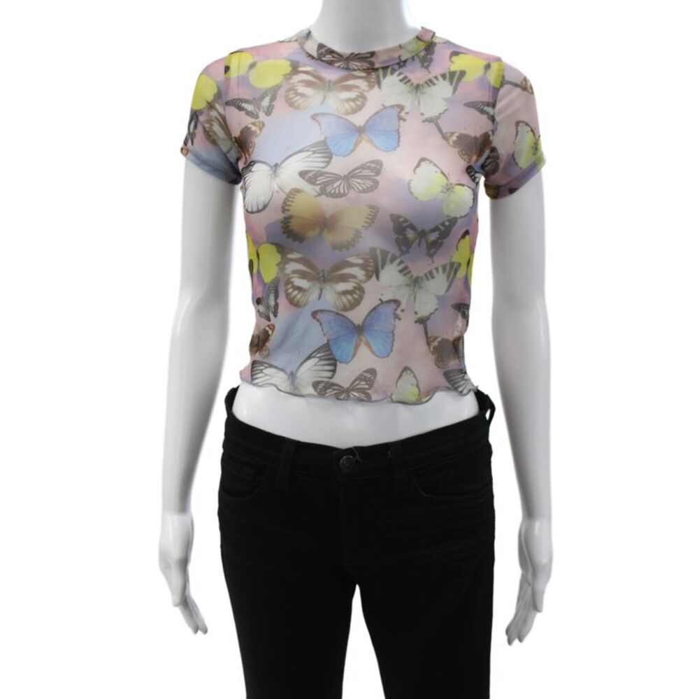 Inamorata Womens Cropped Multicolor Animal Print Crew Neck T-Shirt Size S